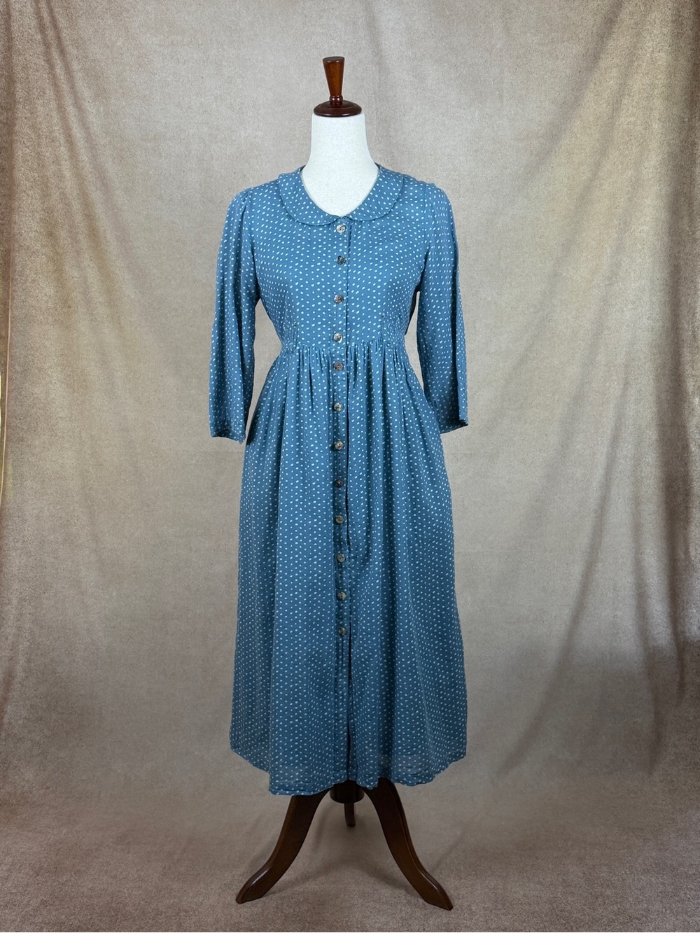 April Cornell Dusty Blue Polka Dot Button-Front Midi Dress